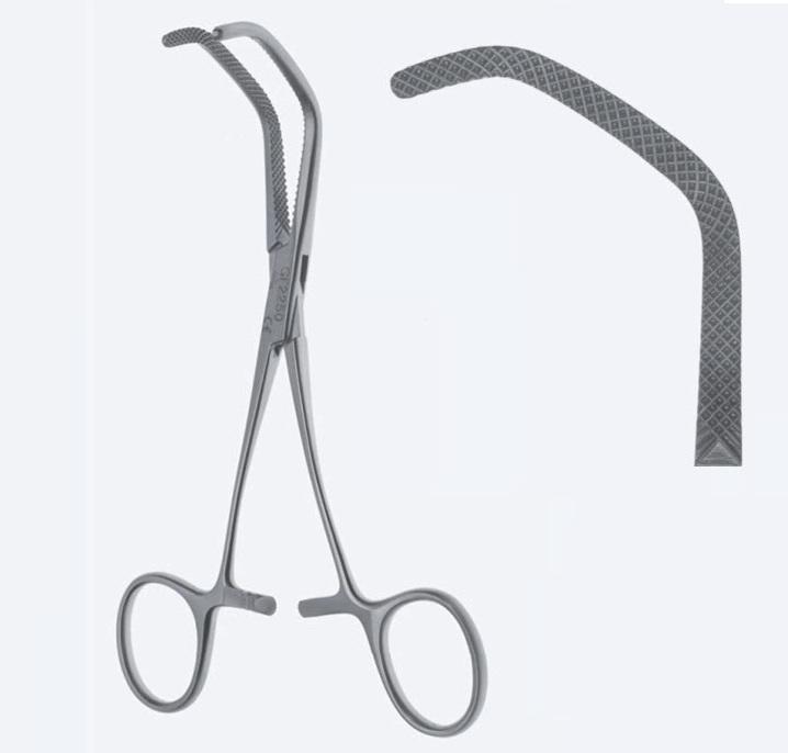 Зажими Baby-Satinsky, для анастамозу, з вигнутою ручкою, вигнуті, з кремальєрою, загальна довжина 150 мм, 6". Бренд - Asanus Medizintechnik Gmb, Німеччина